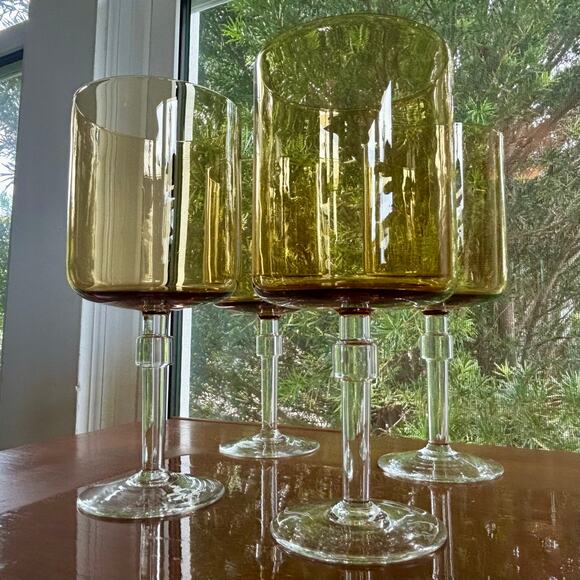 Vintage Amber Stemmed Glasses Set of 4 – Mid-Century Modern Cylindrical Goblets - Picture 10 of 16